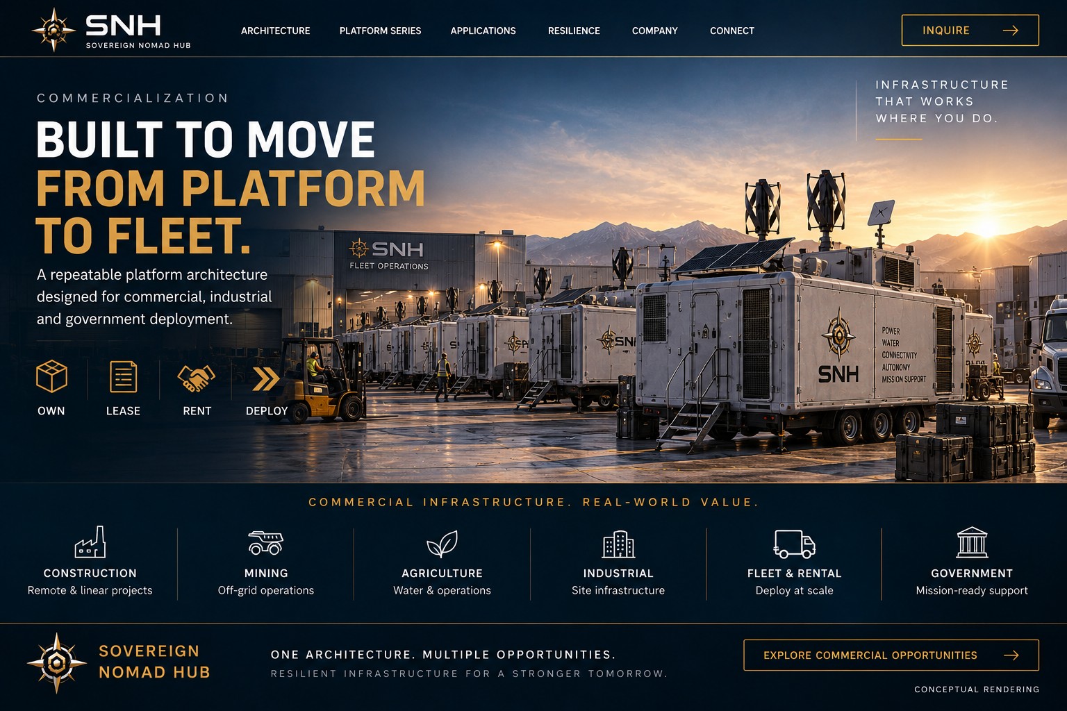 Conceptual rendering of Sovereign Nomad Hub platforms in a commercial fleet environment